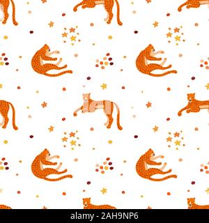 Vector hand drawn seamless pattern with jaguars. Ornament with leopards. Wild cats background. Stock Vector