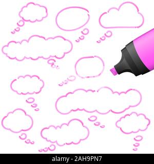 illustration of thought bubbles drawn with highlighter colored pink Stock Vector