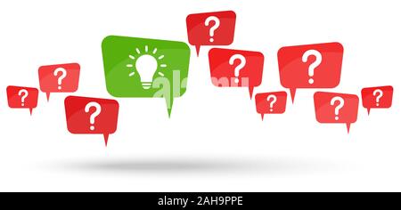 speech bubbles with red question marks and with green light bulb symbolizing idea or solution Stock Vector
