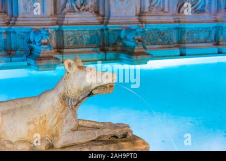 Particular of Fonte Gaia (1400s) at night in the Piazza del Campo, Siena, Italy. Stock Photo