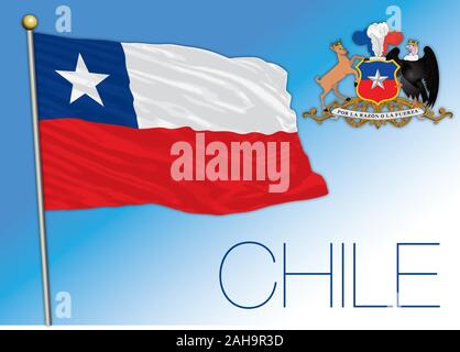 Chile national officla flag and coat of arms, vector illustration, south america Stock Vector