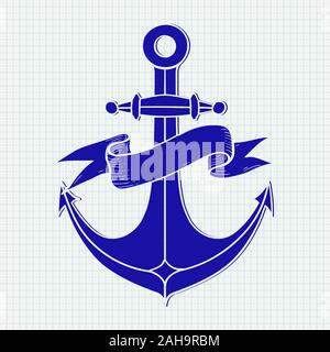 Anchor sign. Blue icon on notebook sheet background Stock Vector