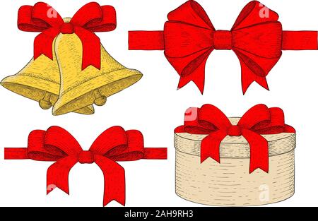 Holiday symbols. Bells, ribbon bow, gift box. Hand drawn sketch. Vector illustration isolated on white background. Stock Vector
