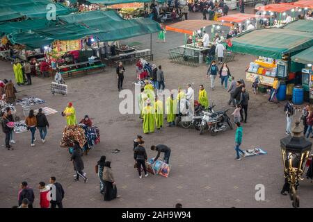 Jemaa el-Fna. street artists and food stalls and crowds at Jemaa El Fna Square in Marrakech, Morocco. Stock Photo