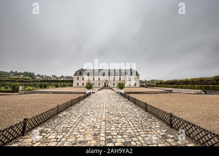Chateau de Villandry in rainy weather during autumn . Loire Valley. France. One of the most visited castles in France. Stock Photo