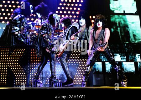 Assago Milano Italy 05/19/2010 :Live concert of Kiss at the Mediolanum Forum,Sonic Boom Over Europe Tour :Gene Simmons  ,Paul Stanley and Tommy Thayer Stock Photo