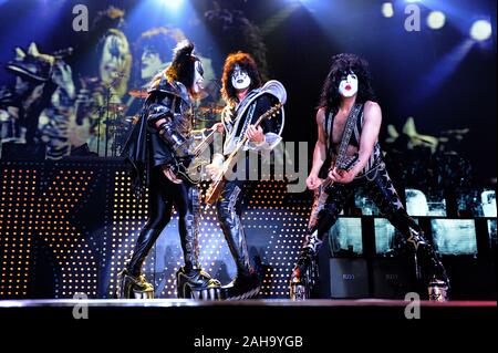 Assago Milano Italy 05/19/2010 :Live concert of Kiss at the Mediolanum Forum,Sonic Boom Over Europe Tour :Gene Simmons  ,Paul Stanley and Tommy Thayer Stock Photo