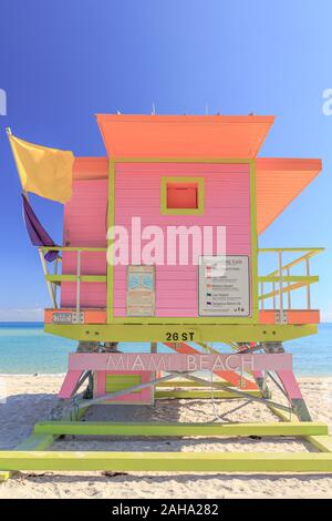Colorful lifeguard hut at Miami Beach Stock Photo