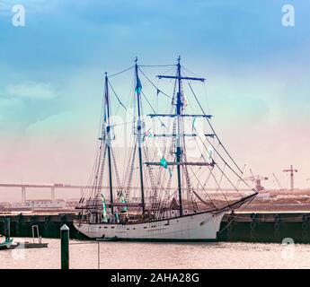 Digitally enhanced image of a three masted tall ship moored at Figueira da Foz, Portugal Stock Photo