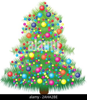 A New Year fir tree decorated with colorful balls and lights vector illustration on a white background. The use in postcards or invitation cards Stock Vector