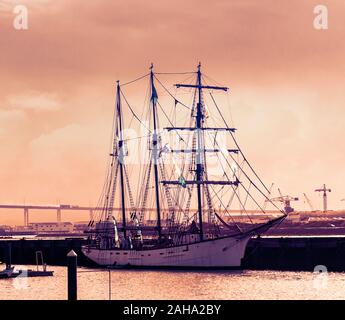 Digitally enhanced image of a three masted tall ship moored at Figueira da Foz, Portugal Stock Photo