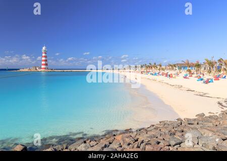 Tropical beach with lighthouse on an Bahamas island Stock Photo