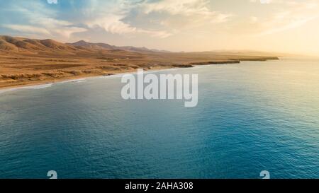 Aerial view west coast of Fuerteventura at sunset, canary islands Stock Photo