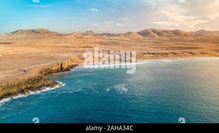 Aerial view west coast of Fuerteventura at sunset, canary islands Stock Photo