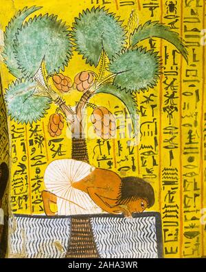 UNESCO World Heritage, Thebes in Egypt,  Deir el Medineh,  tomb of Irynefer, the Dead drinks water under a palm-tree. This painting helps to survive. Stock Photo