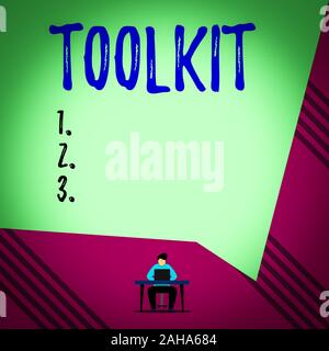 Text sign showing Toolkit. Business photo showcasing set of tools kept in a bag or box and used for a particular purpose Young man sitting on chair wh Stock Photo