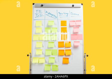 white office board with sticky notes isolated on yellow Stock Photo