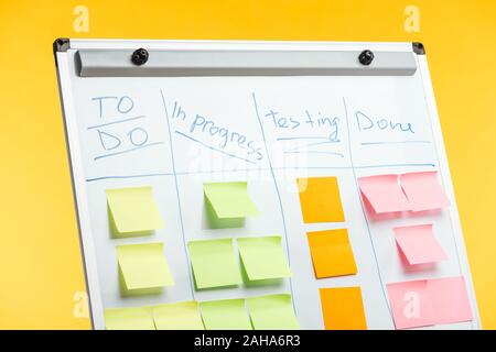 white office board with sticky notes isolated on yellow Stock Photo