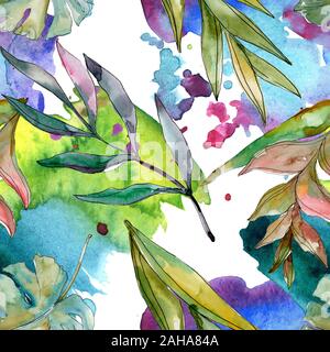 Exotic tropical hawaiian summer. Palm beach tree leaves jungle botanical. Watercolor illustration set. Watercolour drawing aquarelle. Seamless backgro Stock Photo