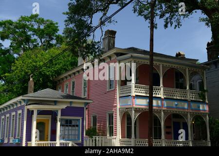 Traditional historic gingerbread architecture, Historic District,Historic District,Victorian District,Drayton Street house,colorful,colourful houses,S Stock Photo