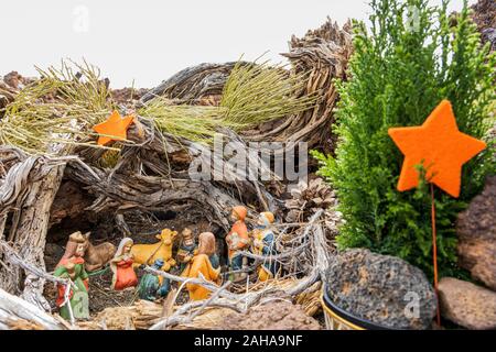 Nativity scene on the ground in the volcanic landscape of the Las Canadas del Teide national park, Tenerife, Canary Islands, Spain Stock Photo