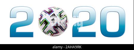 SWINDON, UK - December 27, 2019: Adidas UNIFORIA official football of the UEFA Euro 2020 competition on a white background. Stock Photo