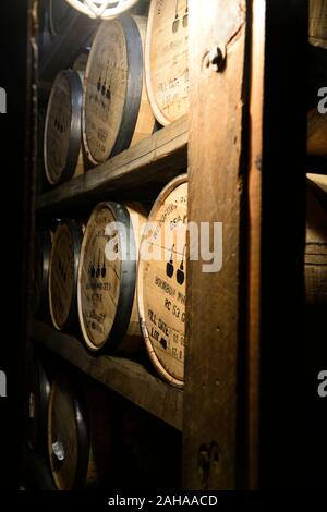 stacked barrels,barrel stack,racked,rack,mature,maturing,whiskey,whisky,bourbon production,Woodford Reserve Distillery,bourbon,kentucky bourbon,bourbo Stock Photo