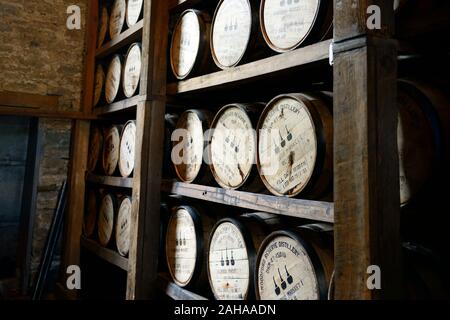 stacked barrels,barrel stack,racked,rack,mature,maturing,whiskey,whisky,bourbon production,Woodford Reserve Distillery,bourbon,kentucky bourbon,bourbo Stock Photo