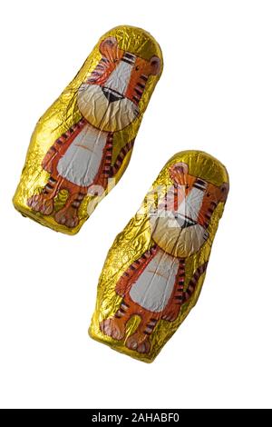 foil wrapped solid milk chocolates with tigers on isolated on white background Stock Photo