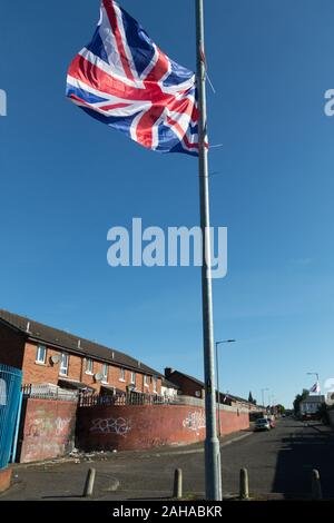 14.07.2019, Belfast, Northern Ireland, Great Britain - Protestant part of West Belfast (Conway Street), high walled residential area from the hot time