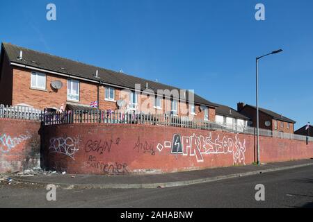 14.07.2019, Belfast, Northern Ireland, Great Britain - Protestant part of West Belfast (Conway Street), high walled, TROUBLES era housing estate. 00A1