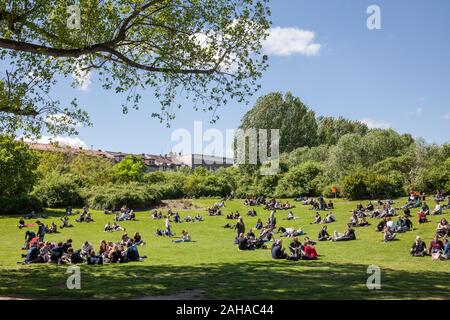 01.05.2018, Berlin, Berlin, Germany - Visitors of Goerlitz Park sit on the meadow in Berlin-Kreuzberg on May 1st. 00P180501D286CAROEX.JPG [MODEL RELEA Stock Photo