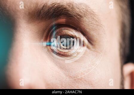 close up view of human eye with data illustration, robotic concept Stock Photo