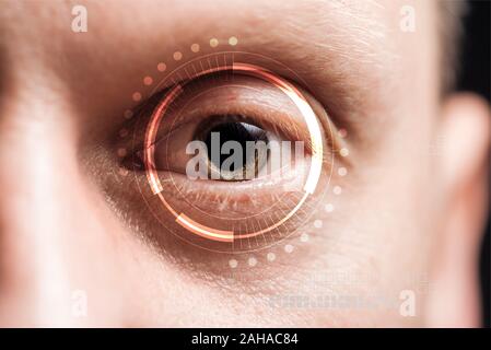 close up view of human eye with data illustration, robotic concept Stock Photo