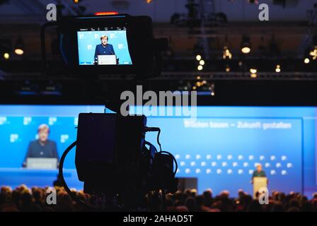 12.11.2019, Berlin, Berlin, Germany - German Employers' Day 2019. Chancellor Angela Merkel will give a speech. The Chancellor can be seen on the monit Stock Photo