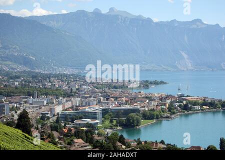 30.07.2016, Montreux, Canton of Vaud, Switzerland - View over the city at Lake Geneva. 00S160730D032CAROEX.JPG [MODEL RELEASE: NO, PROPERTY RELEASE: N Stock Photo