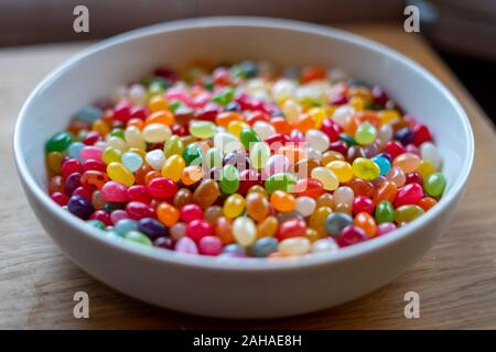 Jelly bean sweets or candy in a white bowl Stock Photo