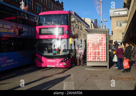 Nottingham,UK.  Nottingham city transport public buses take to the streets of the city from April this year the  Enviro400CBG City Bio- Stock Photo