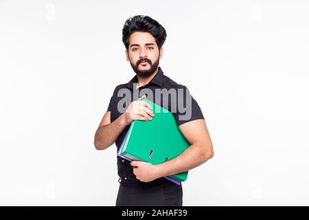 Portrait of smiling businessman with blue folder, isolated on white Stock Photo