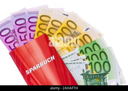 Sparbuch mit Euro Banknoten, 100er, 200er, 500er, Geldscheine, Stock Photo