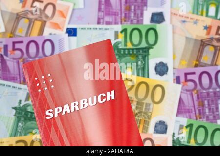 Sparbuch mit Euro Banknoten, 100er, 200er, 500er, Geldscheine, Stock Photo