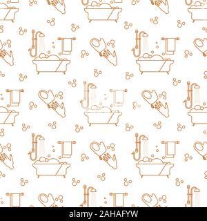 Vector seamless pattern Bath, shower, washcloth, hand, bubbles, towel, hanger on white background. Bathtub. Bathroom set, washing, bathing, cleanlines Stock Vector