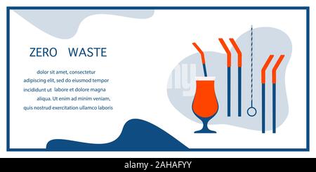 Vector illustration Reusable cocktail straws, brush for cleaning straws, glass Waste management concept. Choosing eco friendly lifestyle, using reusab Stock Vector