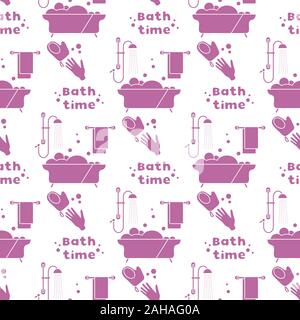 Vector seamless pattern Bath, shower, washcloth, hand, bubbles, towel, hanger. Bath time concept. Bathtub. Bathroom set, washing, bathing, cleanliness Stock Vector