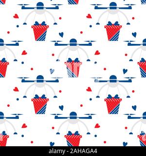 Vector seamless pattern illustration Drone flying through the air and carries gifts on white background. Fast delivery to customer. Future transportat Stock Vector