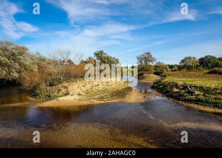 26.10.2019, Datteln, North Rhine-Westphalia, Germany - Lippe, river and floodplain development of the Lippe here at the mouth of the Dattelner Muehlen Stock Photo