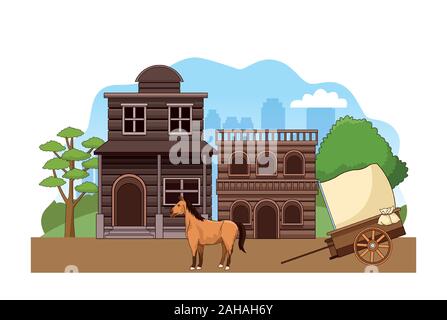 Western town scenery with wooden buildings, horse and carriage Stock Vector