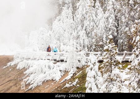 Tourists walk along a snow covered boardwalk around the Porcelain Basin at the Norris Geyser Basin in winter December 20, 2019 at Yellowstone National Park, Wyoming. Stock Photo