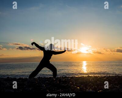 Martial Artist with orange sunset. Silhouette of a man practice whushu. Healthy lifestyle. Stock Photo