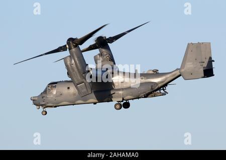 USAF Special Operations Command Bell-Boeing CV-22 Osprey tilt-rotor from the resident 7th SOS operating over RAF Mildenhall. Stock Photo